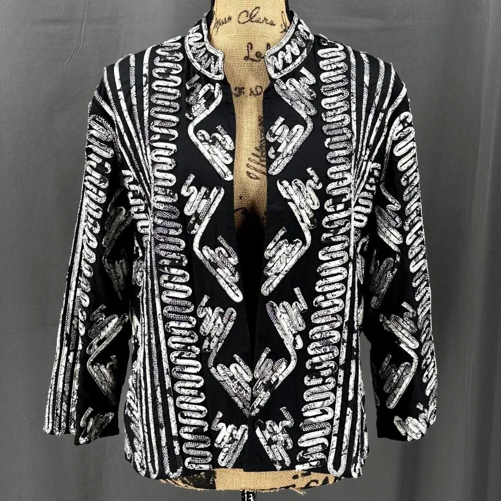 Chico's Blazer Women Large Black White Open Front Abstract Elegant Sophisticated